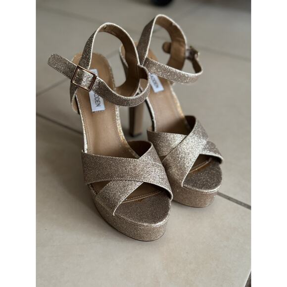 Steve Madden Gold Glitter sparkly Open toe heel pumps size 8.5 - Picture 4 of 8